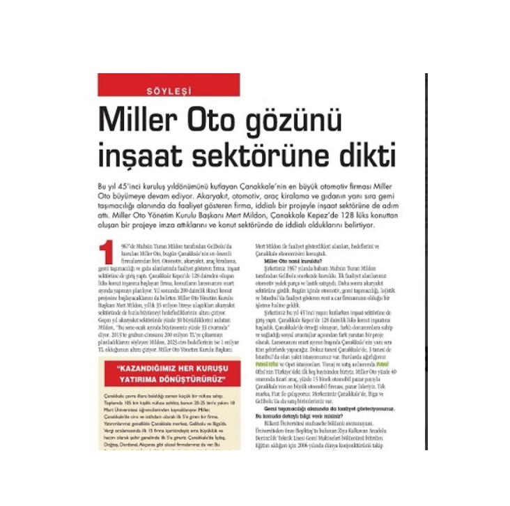 Capital Dergisi - Miller Oto Gözünü İnşaat Sektörüne Dikti